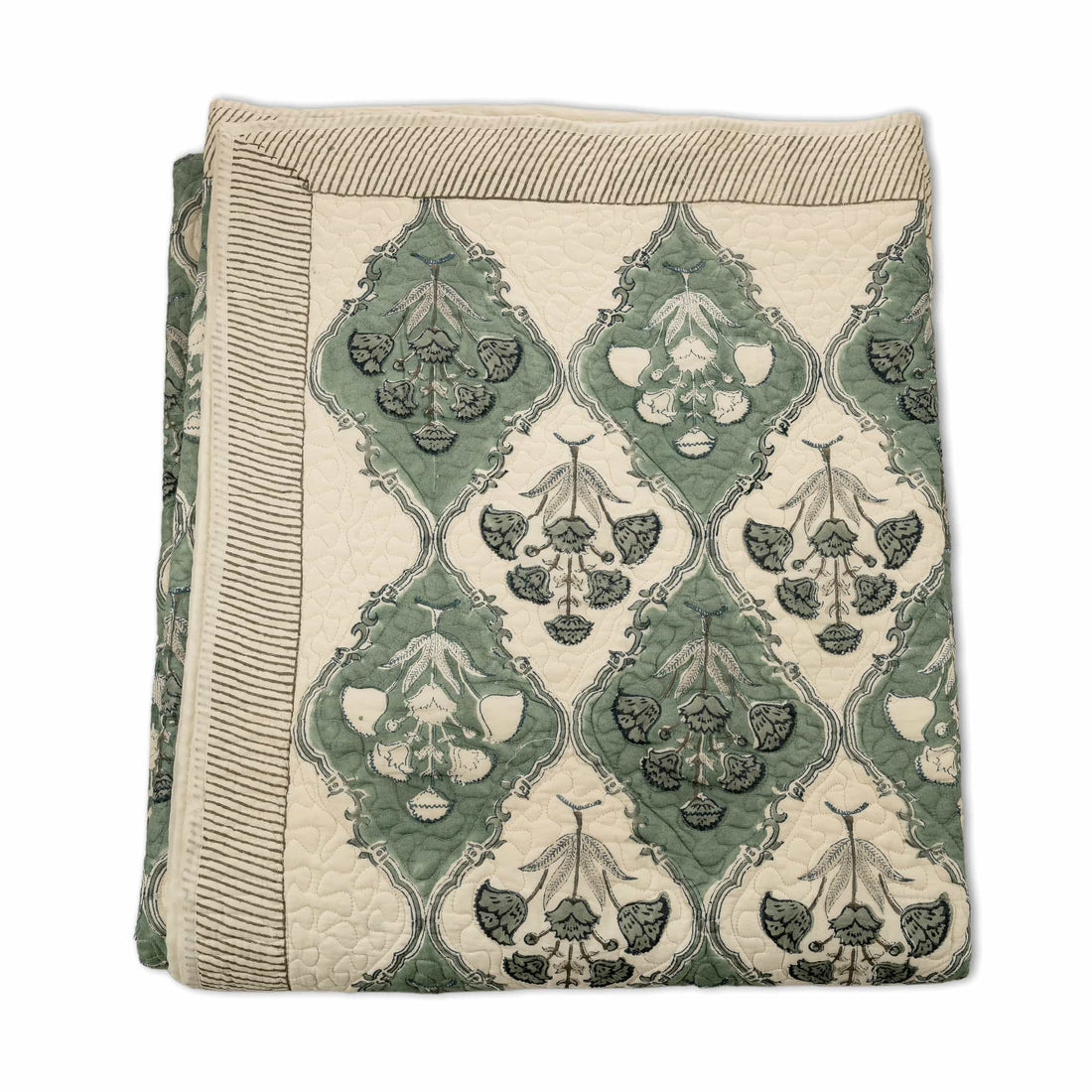 Hand-block printed faded aqua and grey ikat lattice coverlet