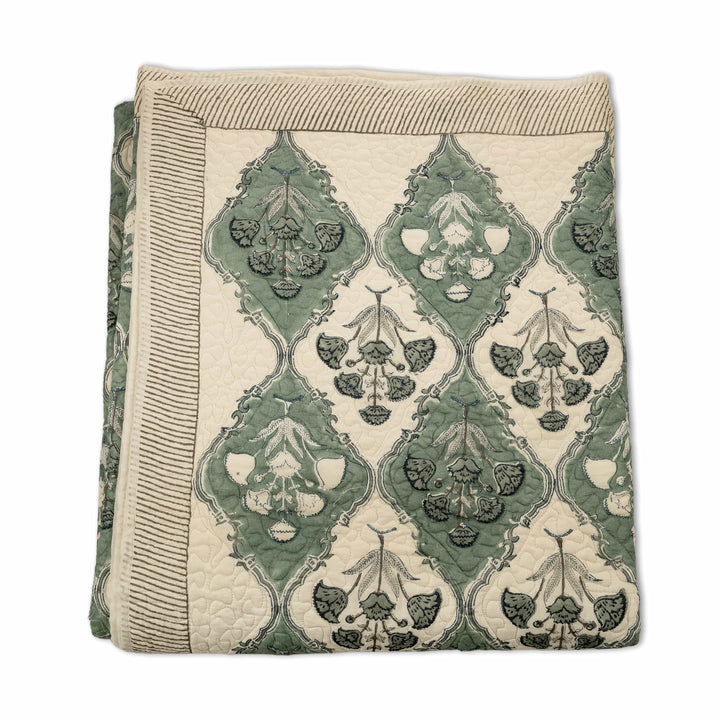 Hand-block printed faded aqua and grey ikat lattice coverlet