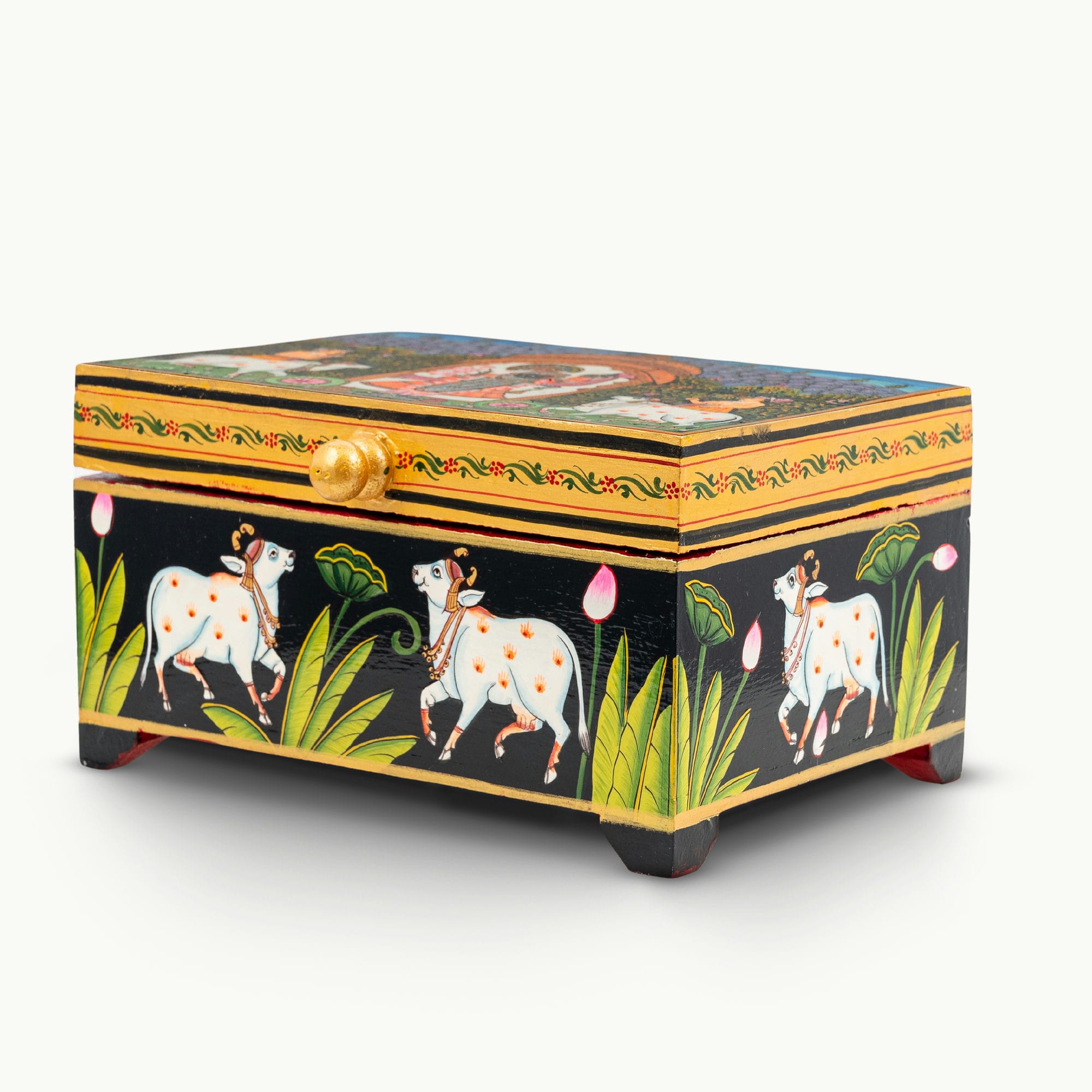 Lacquer Painted Wood Miniature Painted Black Box with Sacred Cow Motif and Lift-Off Lid