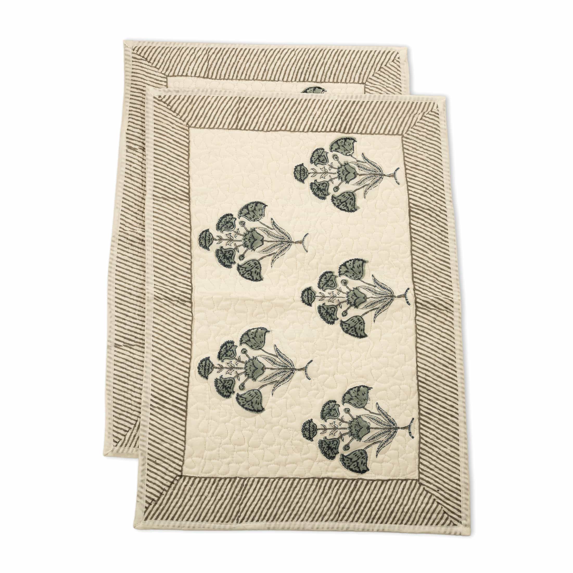 Hand-block printed faded aqua and grey ikat lattice coverlet