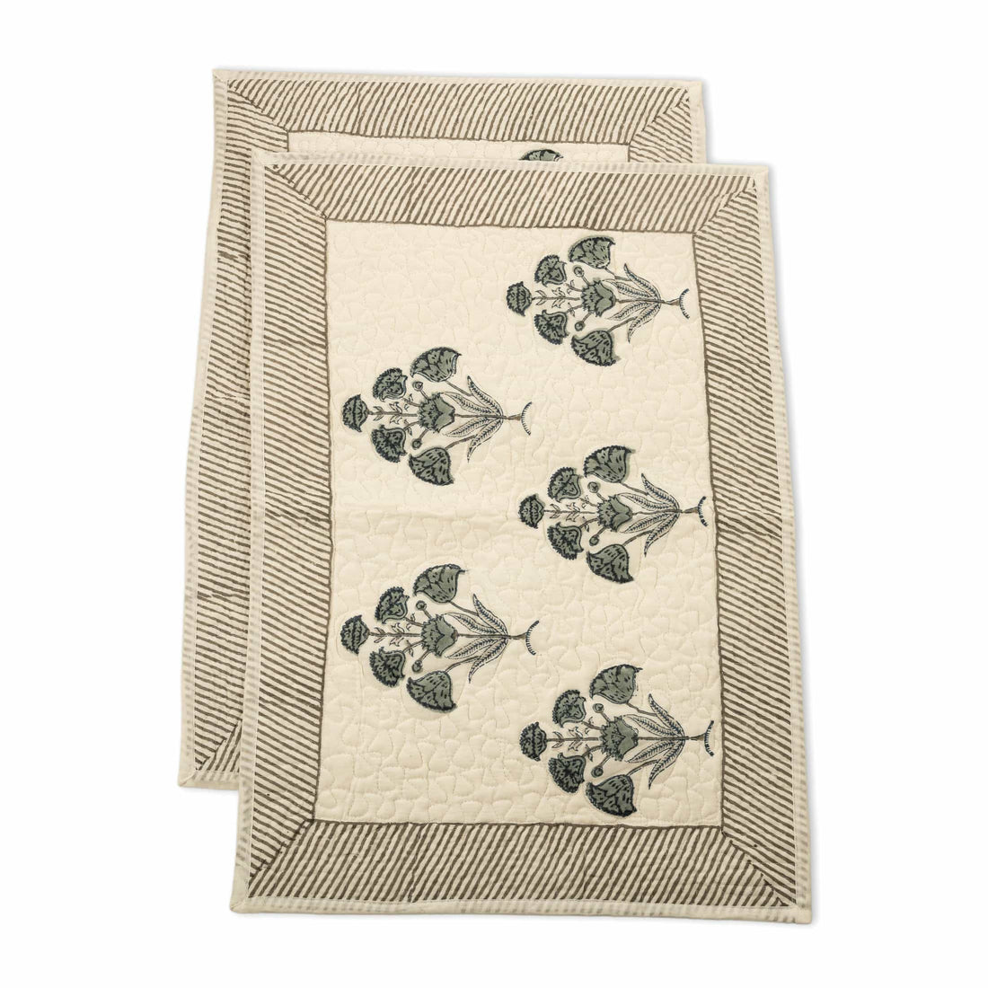 Hand-block printed faded aqua and grey ikat lattice coverlet
