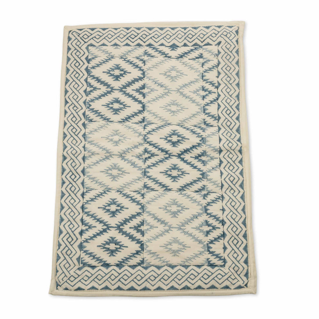 Indigo and cream diamond lattice woven textile coverlet