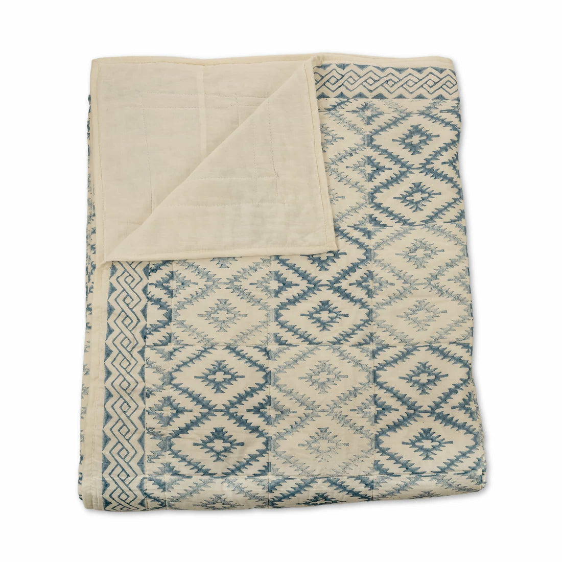 Indigo and cream diamond lattice woven textile coverlet