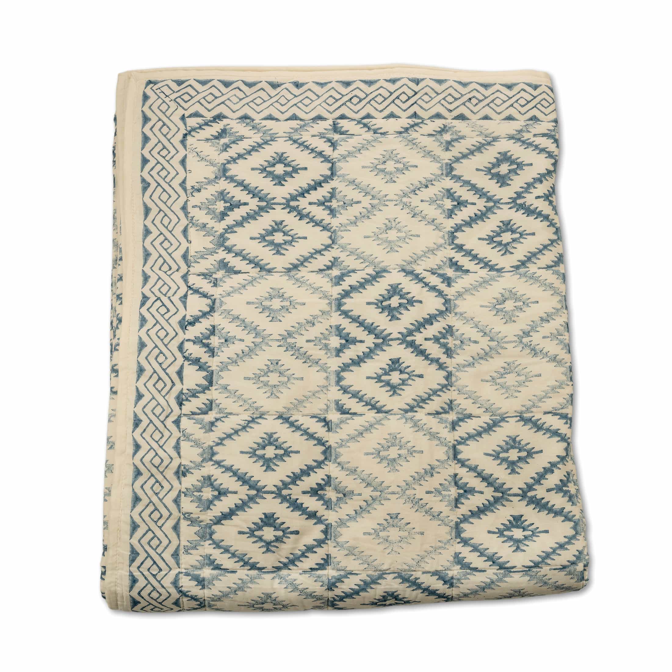 Indigo and cream diamond lattice woven textile coverlet