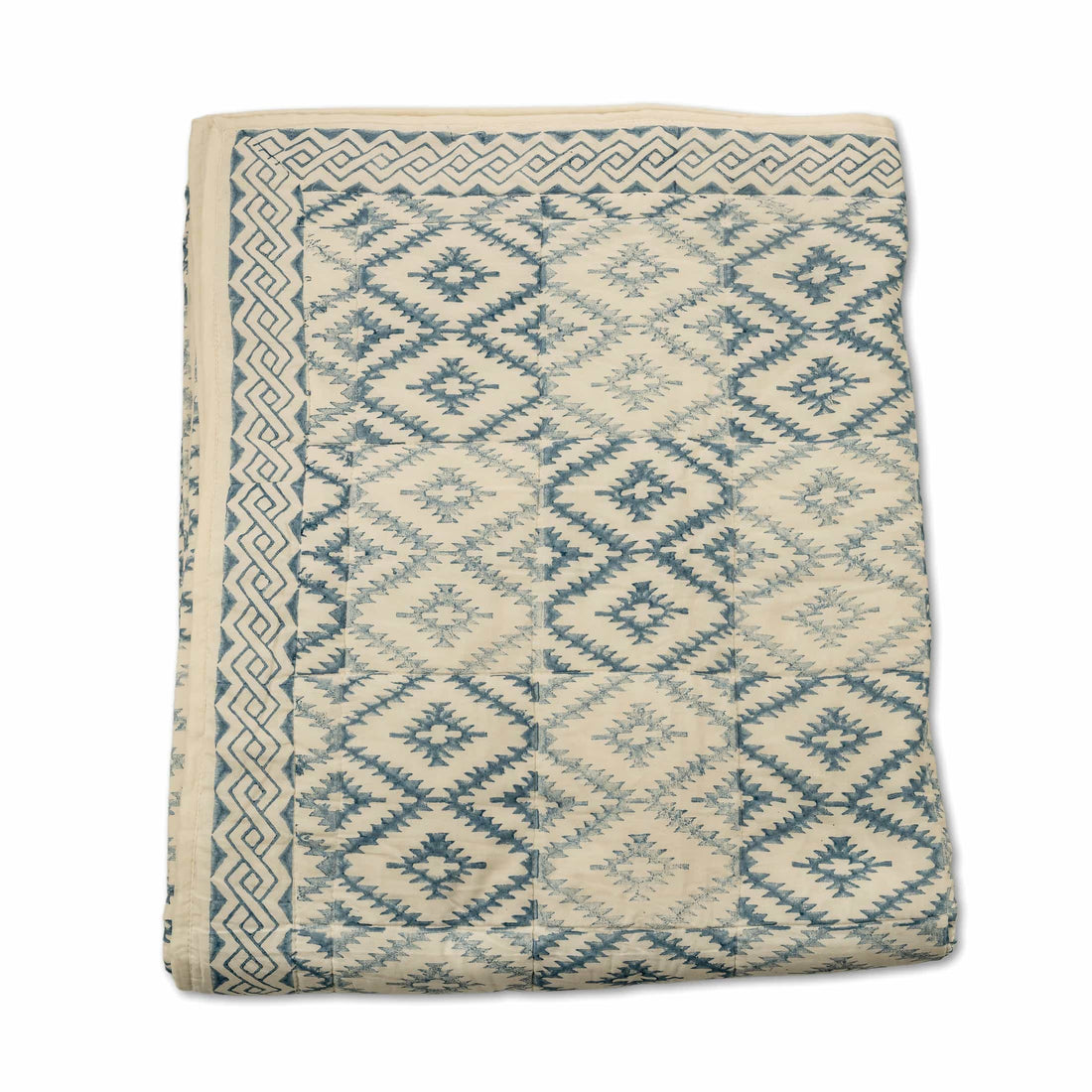 Indigo and cream diamond lattice woven textile coverlet