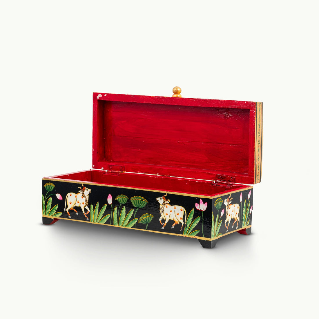 Lacquer Painted Wood Miniature Painted Black Box with Sacred Cow Motif