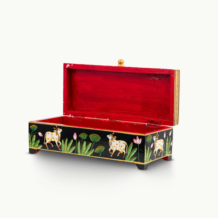 Lacquer Painted Wood Miniature Painted Black Box with Sacred Cow Motif