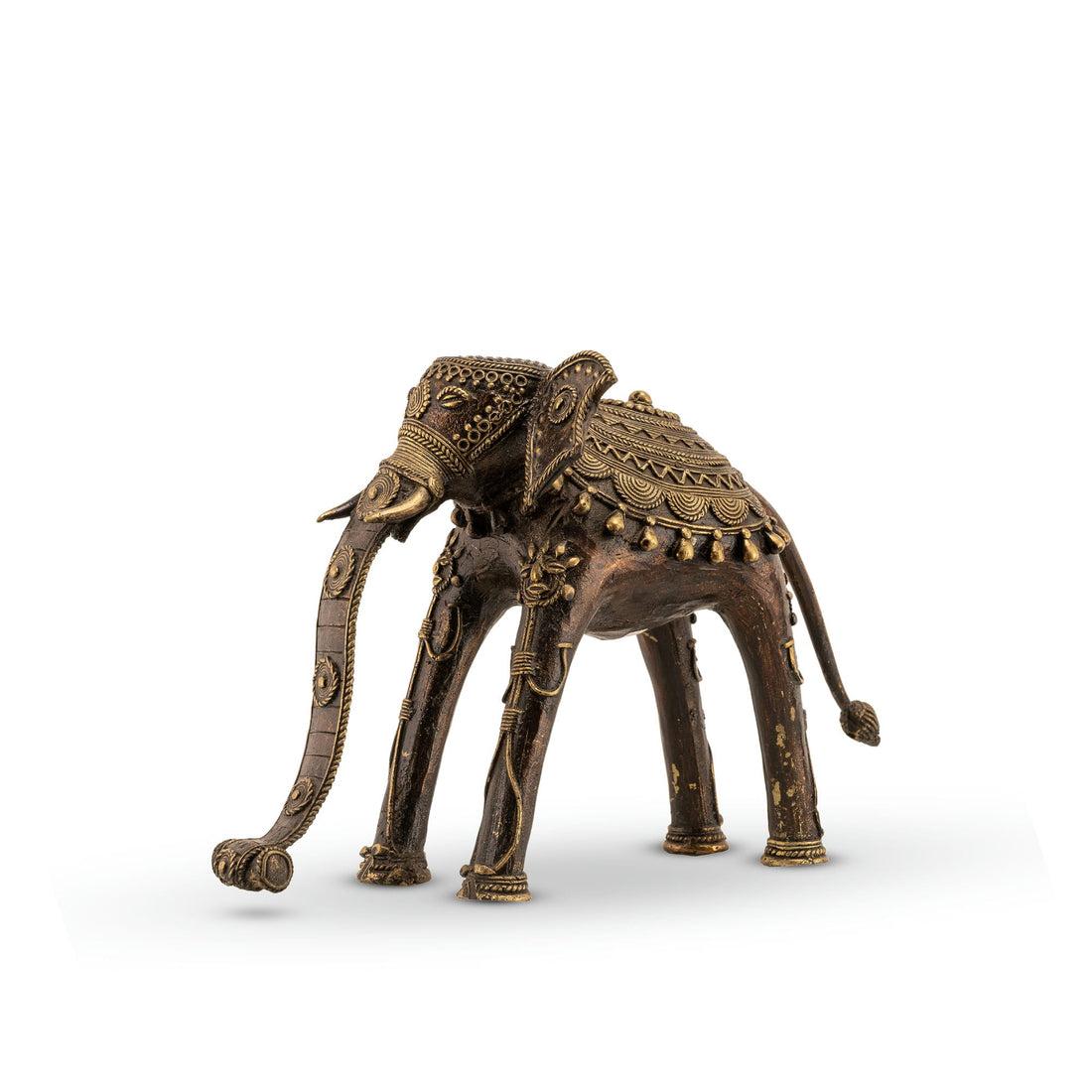 Indian metal ceremonial beast decor featuring a stylized elongated trunk for a wide wooden bookshelf or traditional home decor.