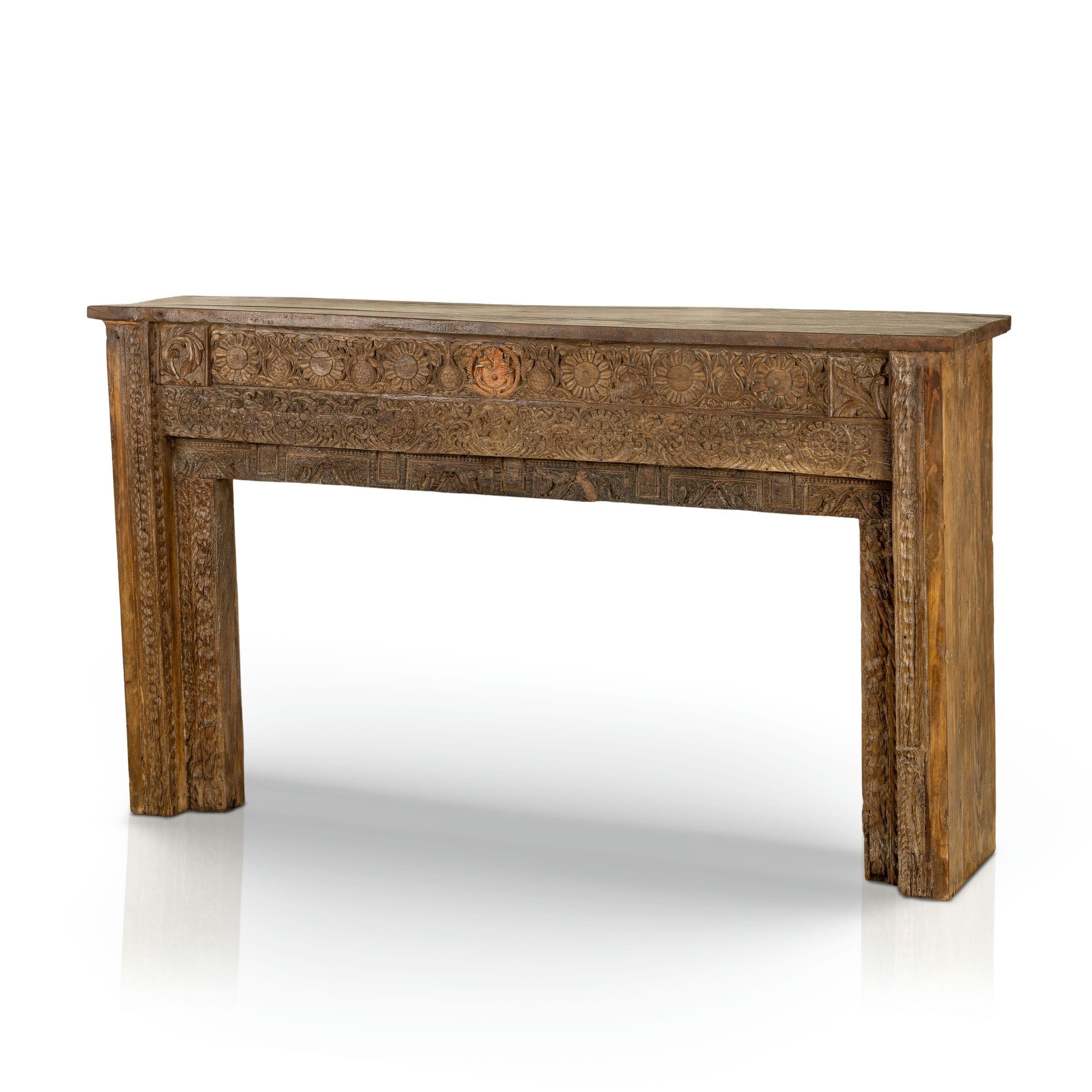 Carved Wood Antique Low Console with Floral Relief and Central Medallion