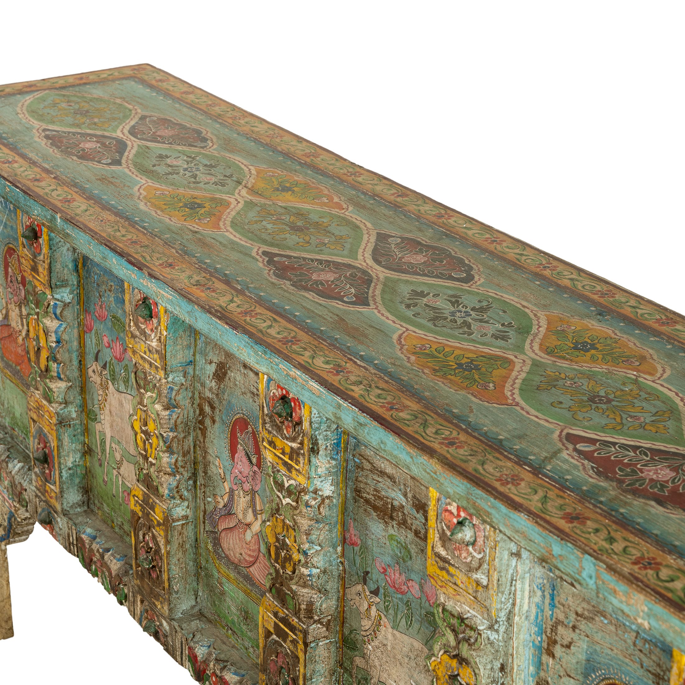 Painted Wood Distressed Antique Low Cabinet with Devotional Panels