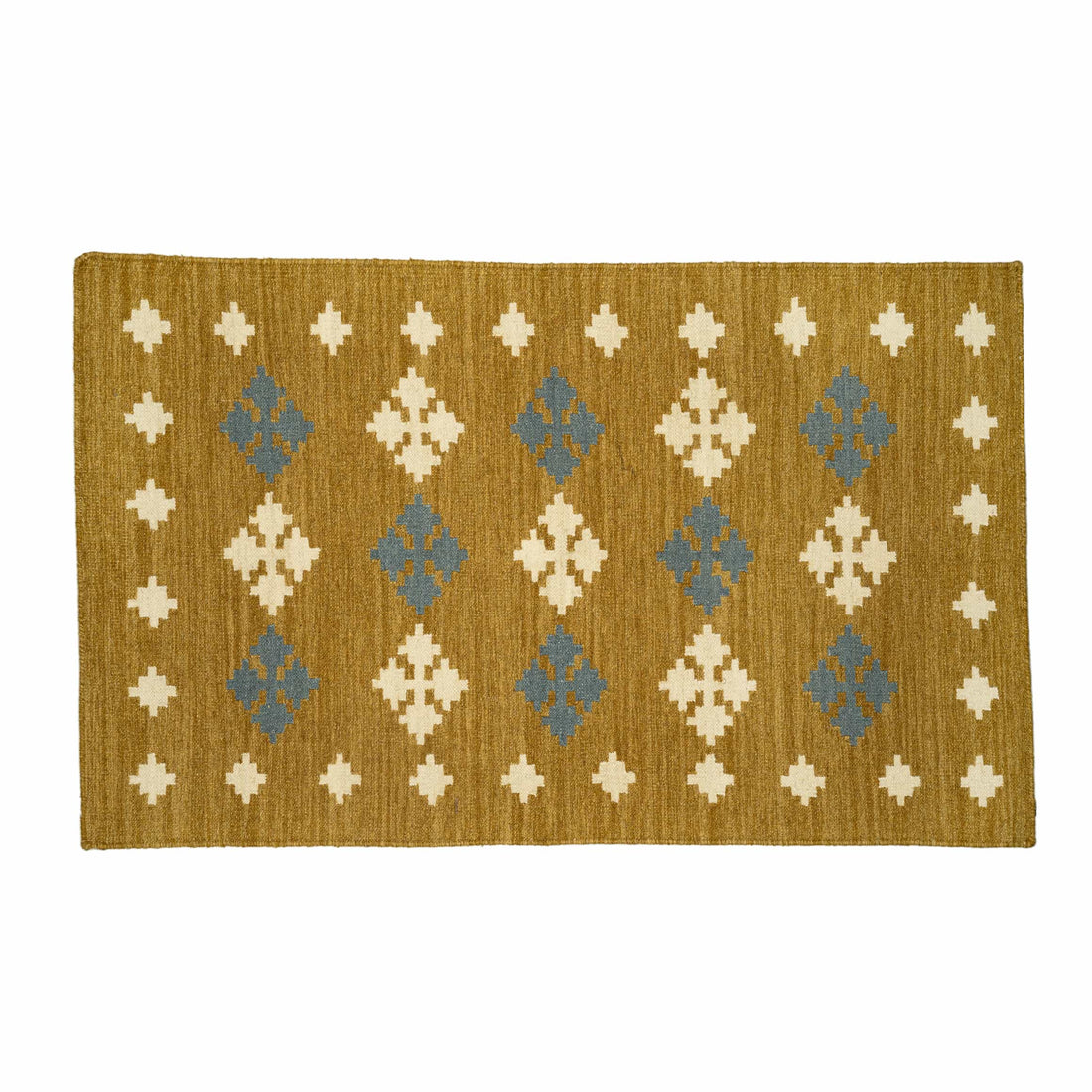 Handwoven Cotton Wool Rug – Mustard Diamond Motif