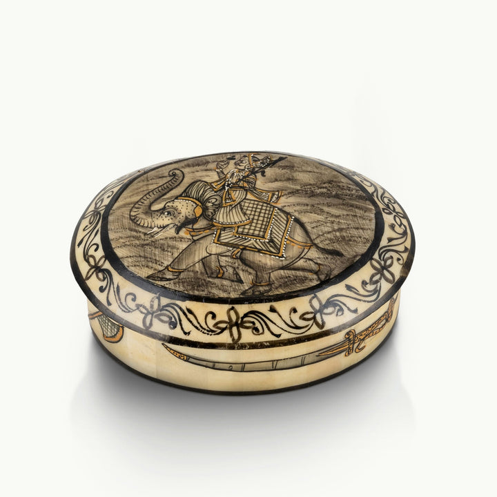 Elephant painted camel bone box featuring a royal rider and curved sword motifs.