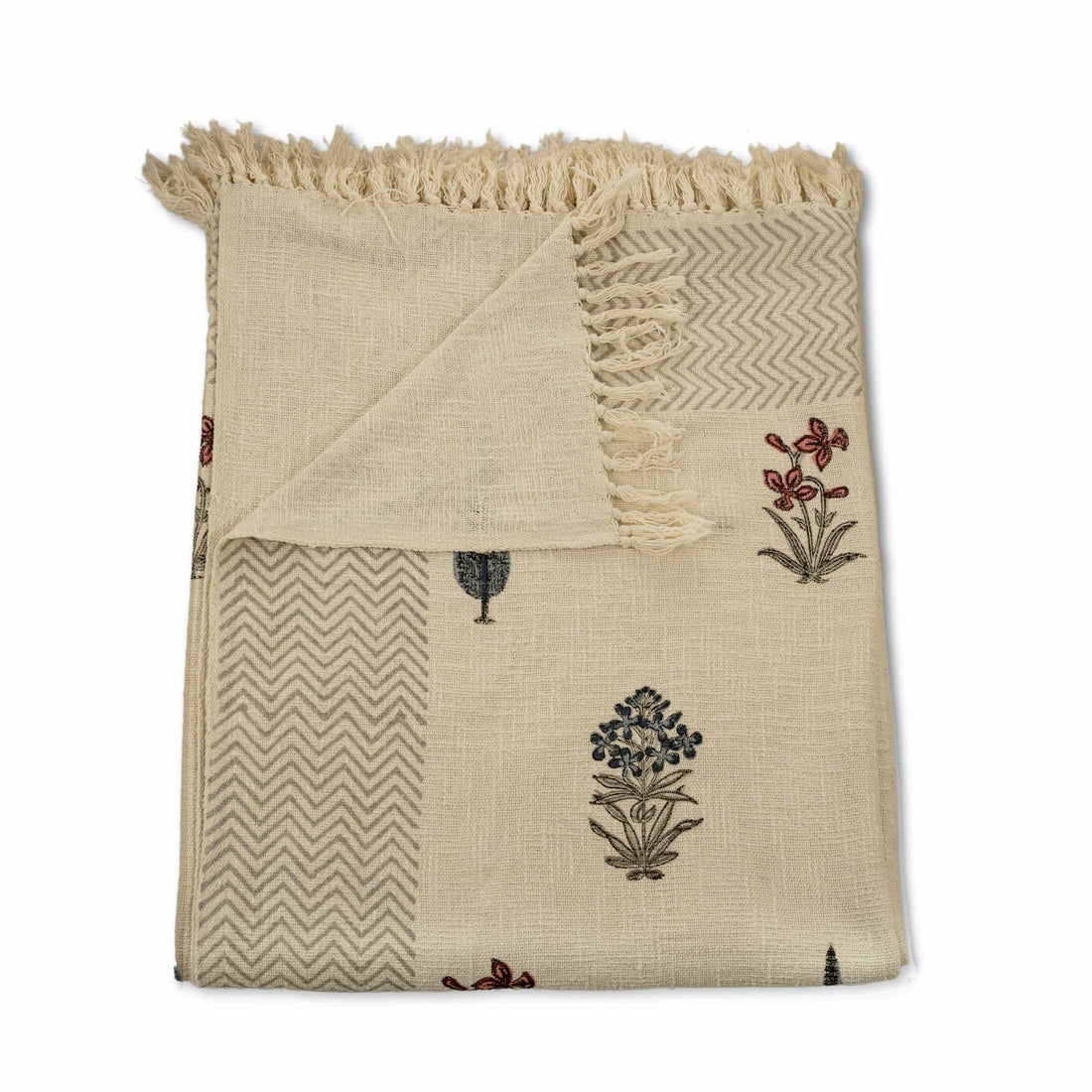 Hand-block printed cotton coverlet with scattered poppy and cypress motifs