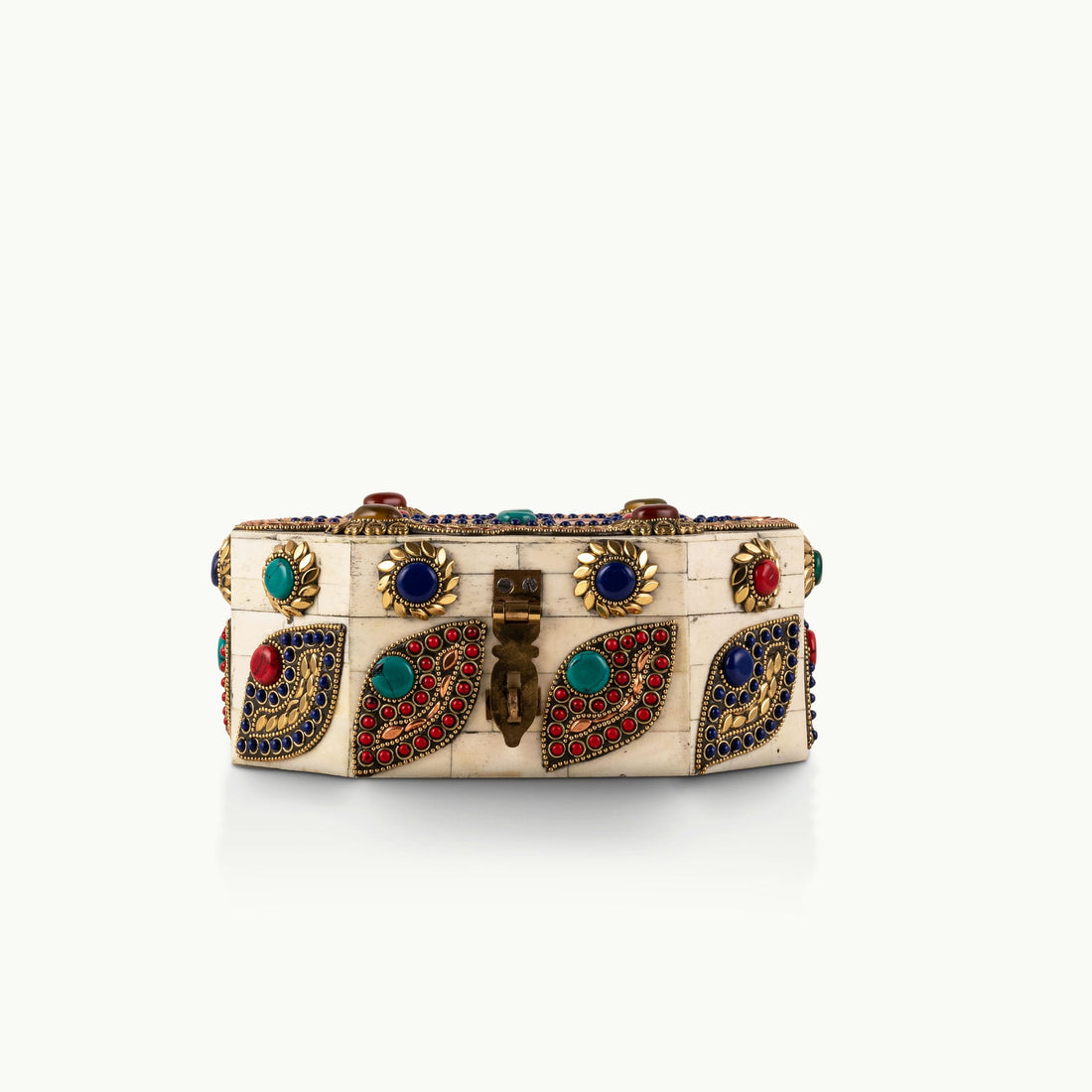 Stone Inlay Camel Bone Box studded with vibrant cabochons for a mirrored dressing table.