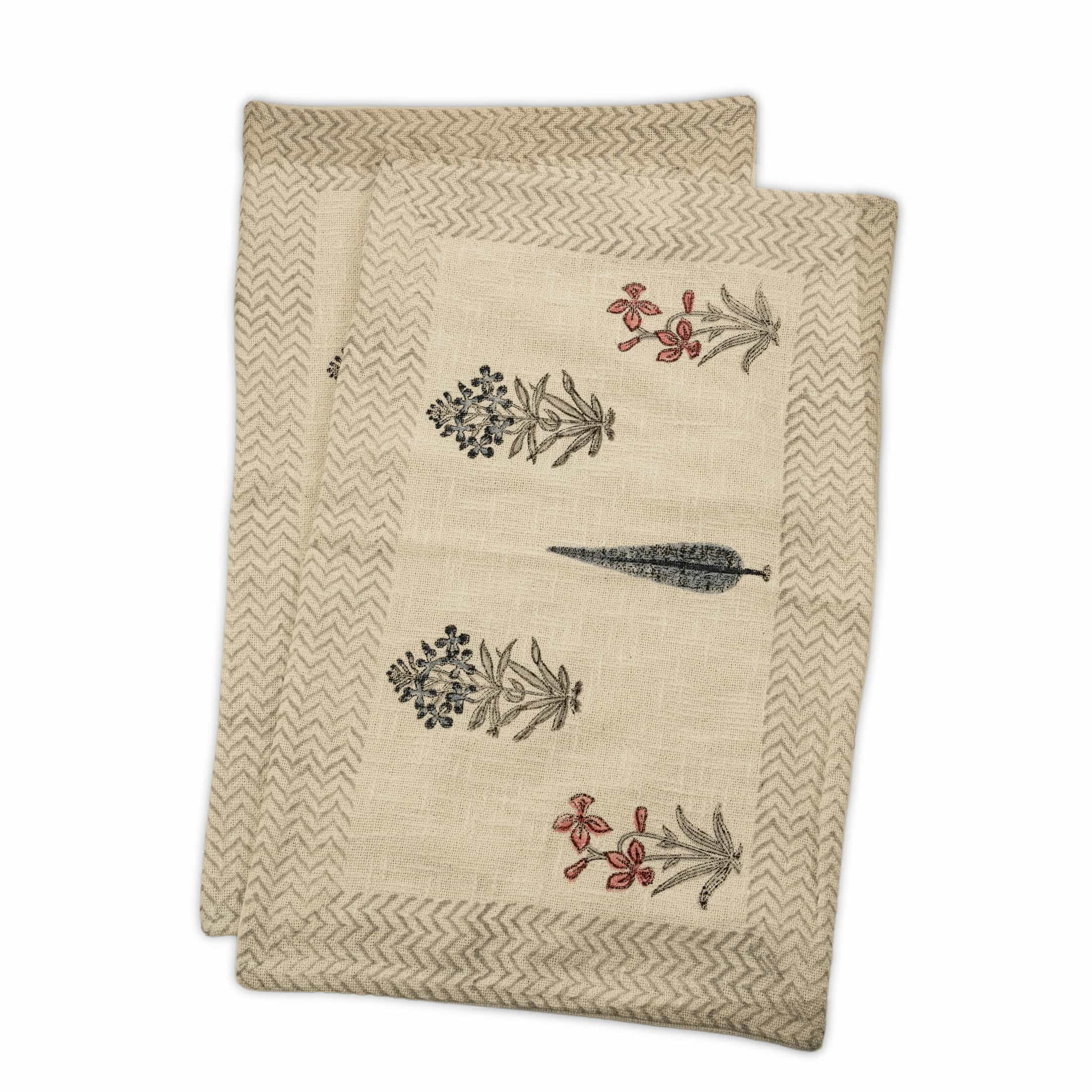 Hand-block printed cotton coverlet with scattered poppy and cypress motifs