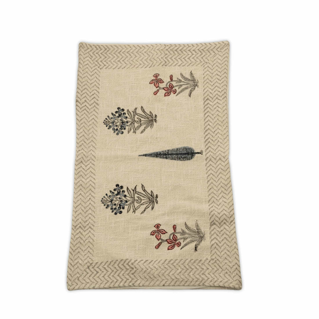 Hand-block printed cotton coverlet with scattered poppy and cypress motifs