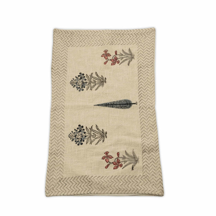 Hand-block printed cotton coverlet with scattered poppy and cypress motifs