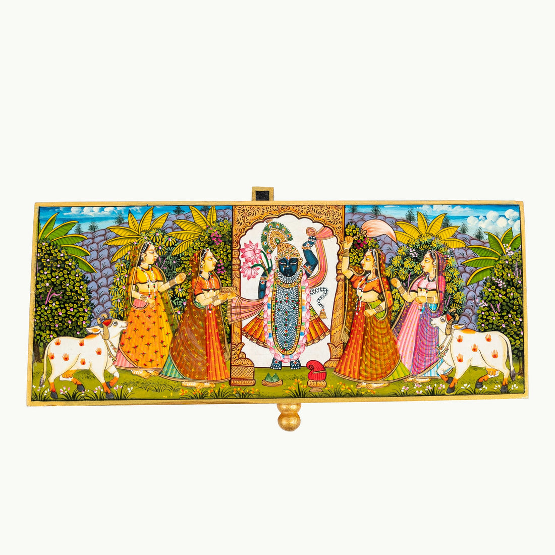 Lacquer Painted Wood Miniature Painted Black Box with Sacred Cow Motif