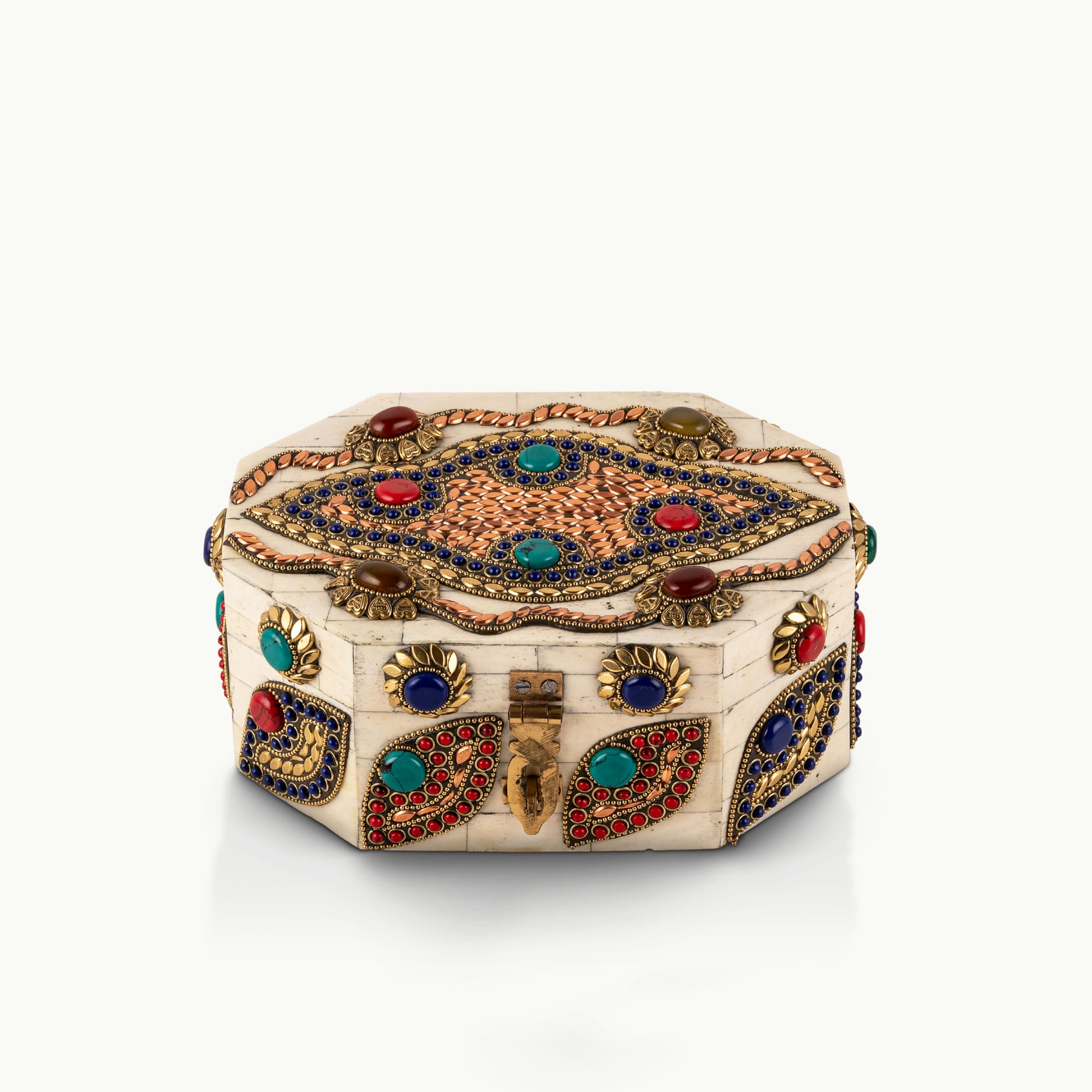 Stone Inlay Camel Bone Box studded with vibrant cabochons for a mirrored dressing table.