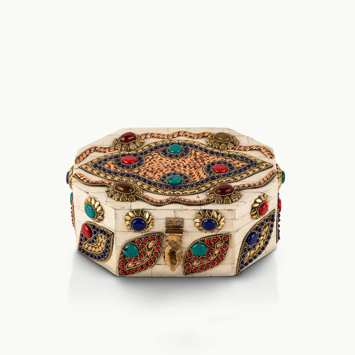 Stone Inlay Camel Bone Box studded with vibrant cabochons for a mirrored dressing table.