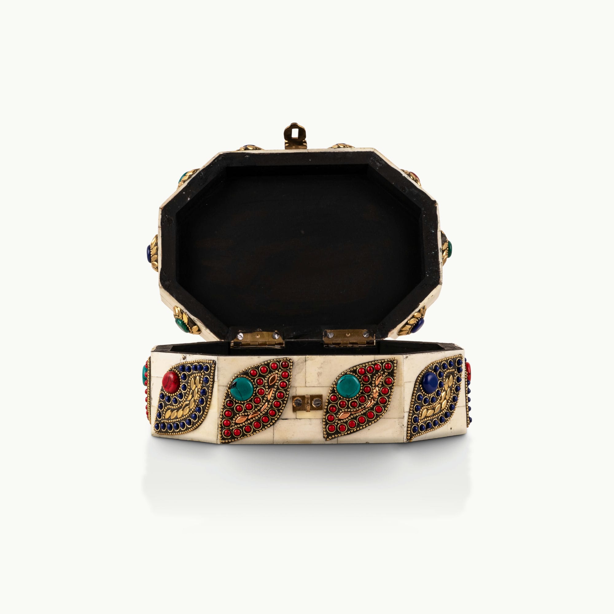 Stone Inlay Camel Bone Box studded with vibrant cabochons for a mirrored dressing table.