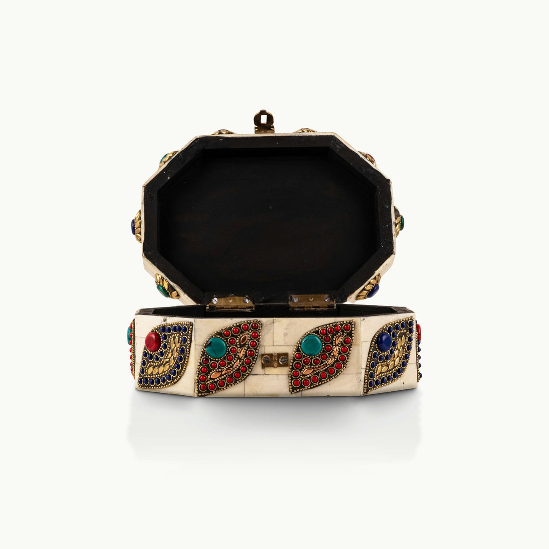 Stone Inlay Camel Bone Box studded with vibrant cabochons for a mirrored dressing table.
