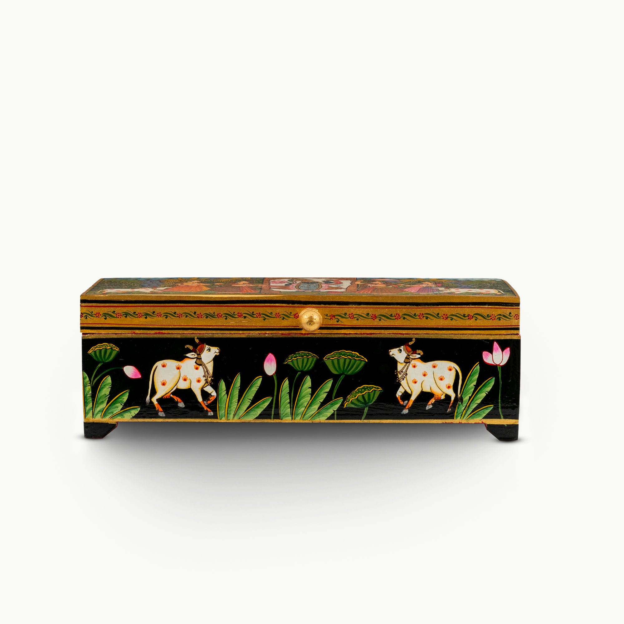 Lacquer Painted Wood Miniature Painted Black Box with Sacred Cow Motif
