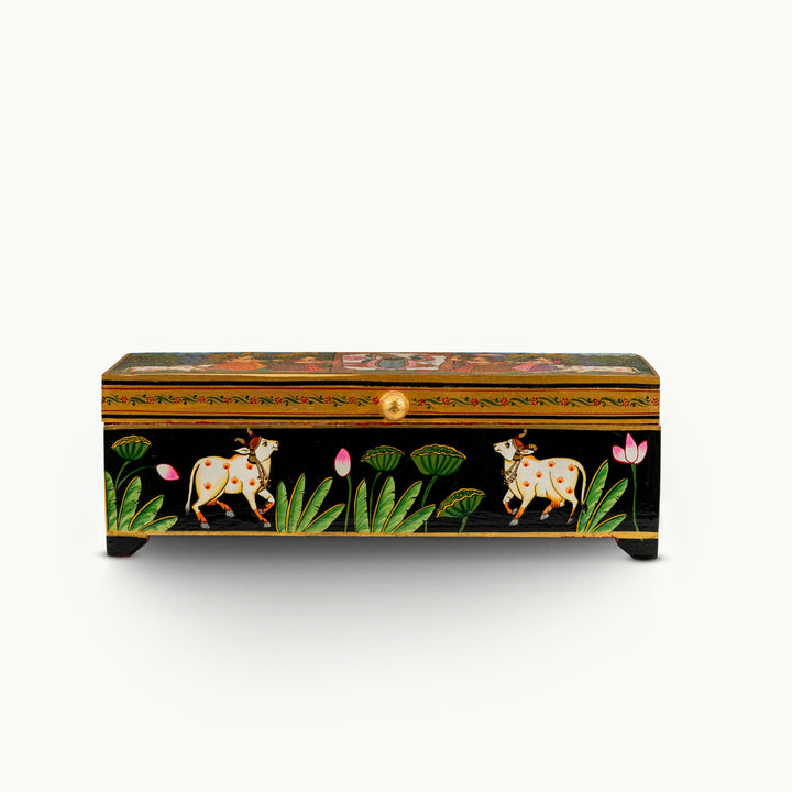 Lacquer Painted Wood Miniature Painted Black Box with Sacred Cow Motif