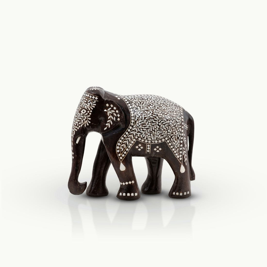 Dark Wood & Bone/Resin Inlay Elephant with Ceremonial Blanket Pattern