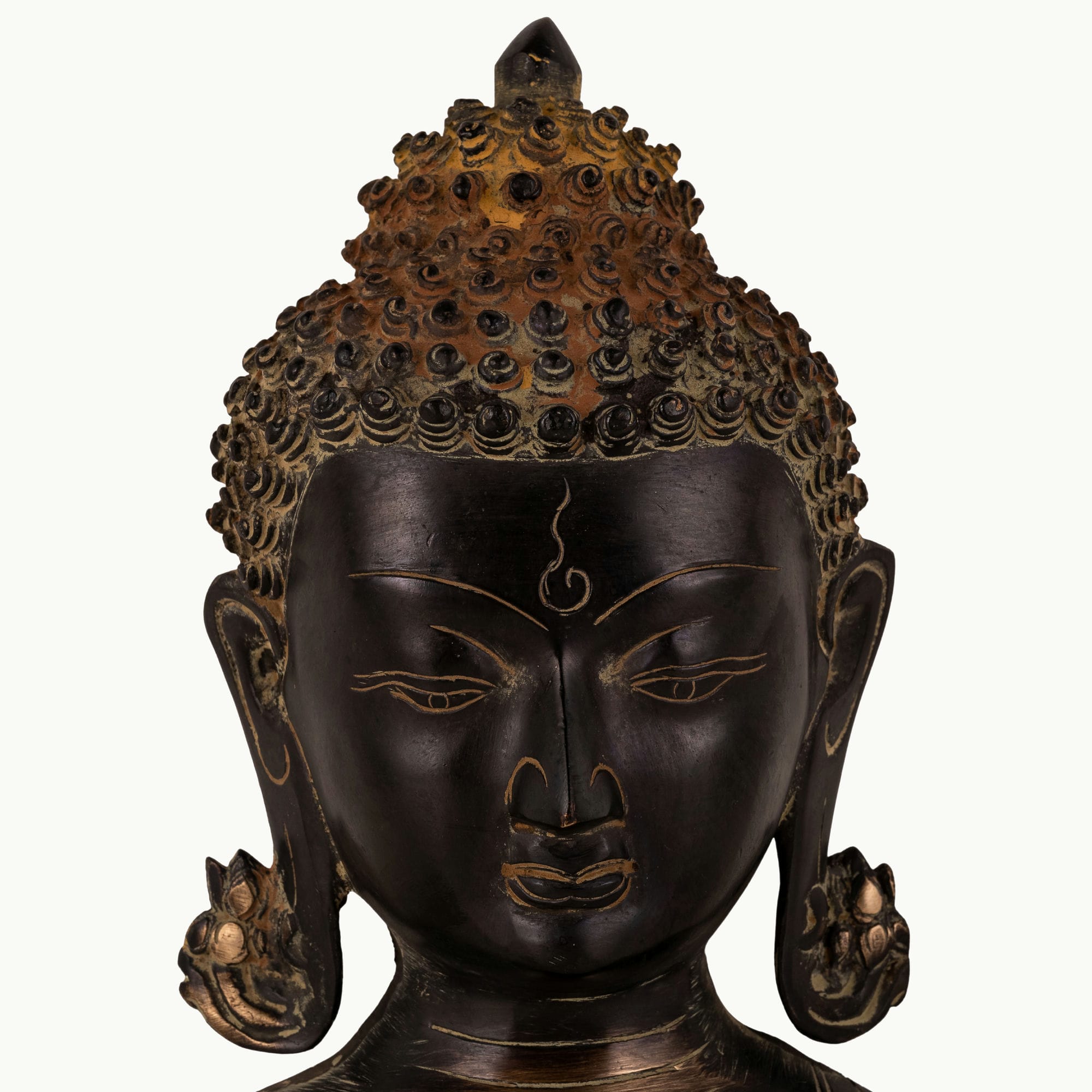 Dark Oxidized Brass Buddha Head featuring a rusted ushnisha for a minimalist console.