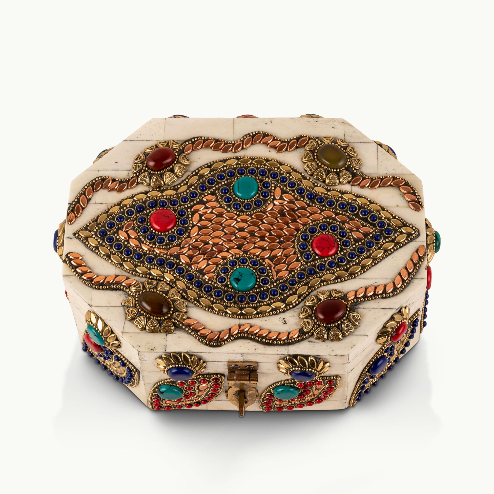 Stone Inlay Camel Bone Box studded with vibrant cabochons for a mirrored dressing table.