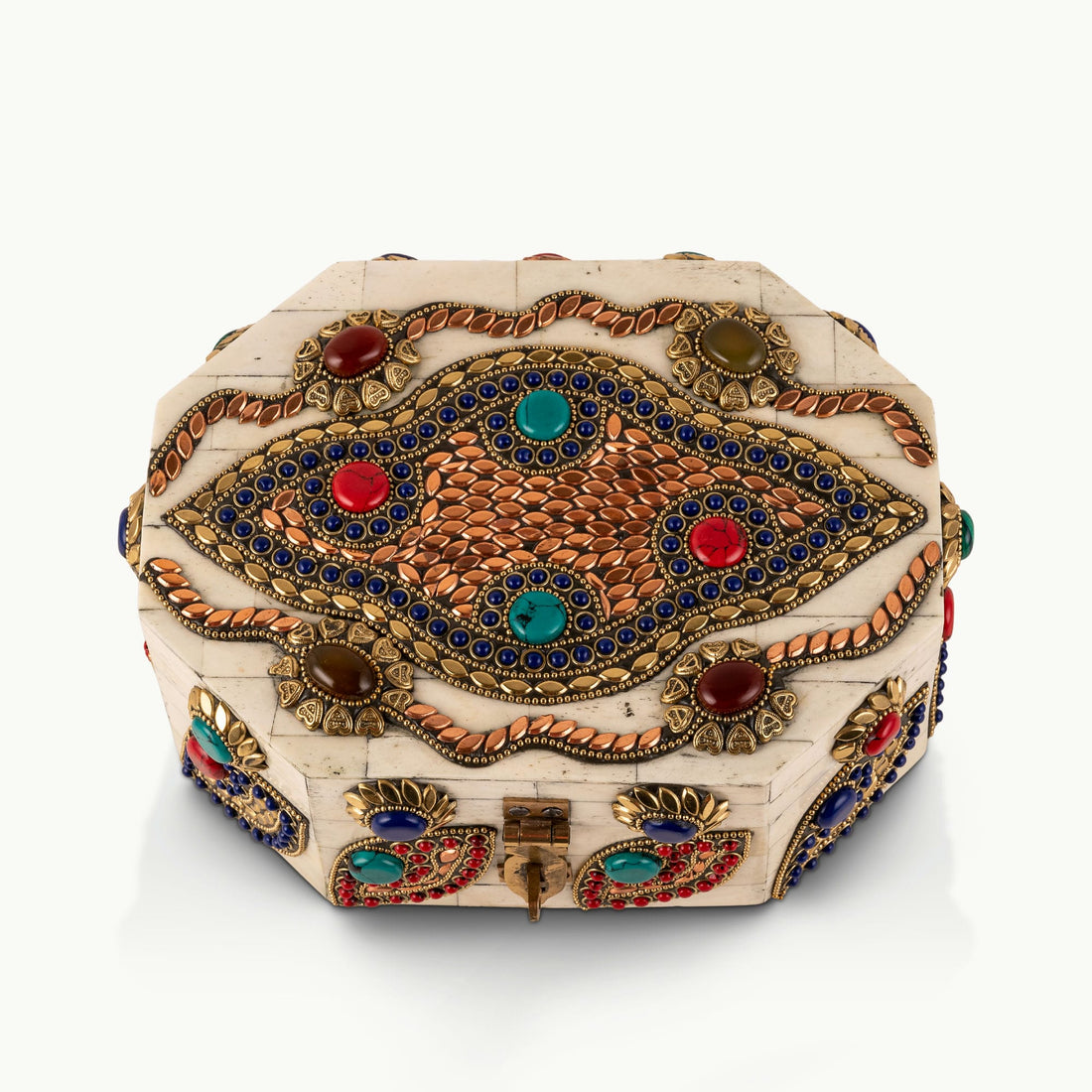 Stone Inlay Camel Bone Box studded with vibrant cabochons for a mirrored dressing table.