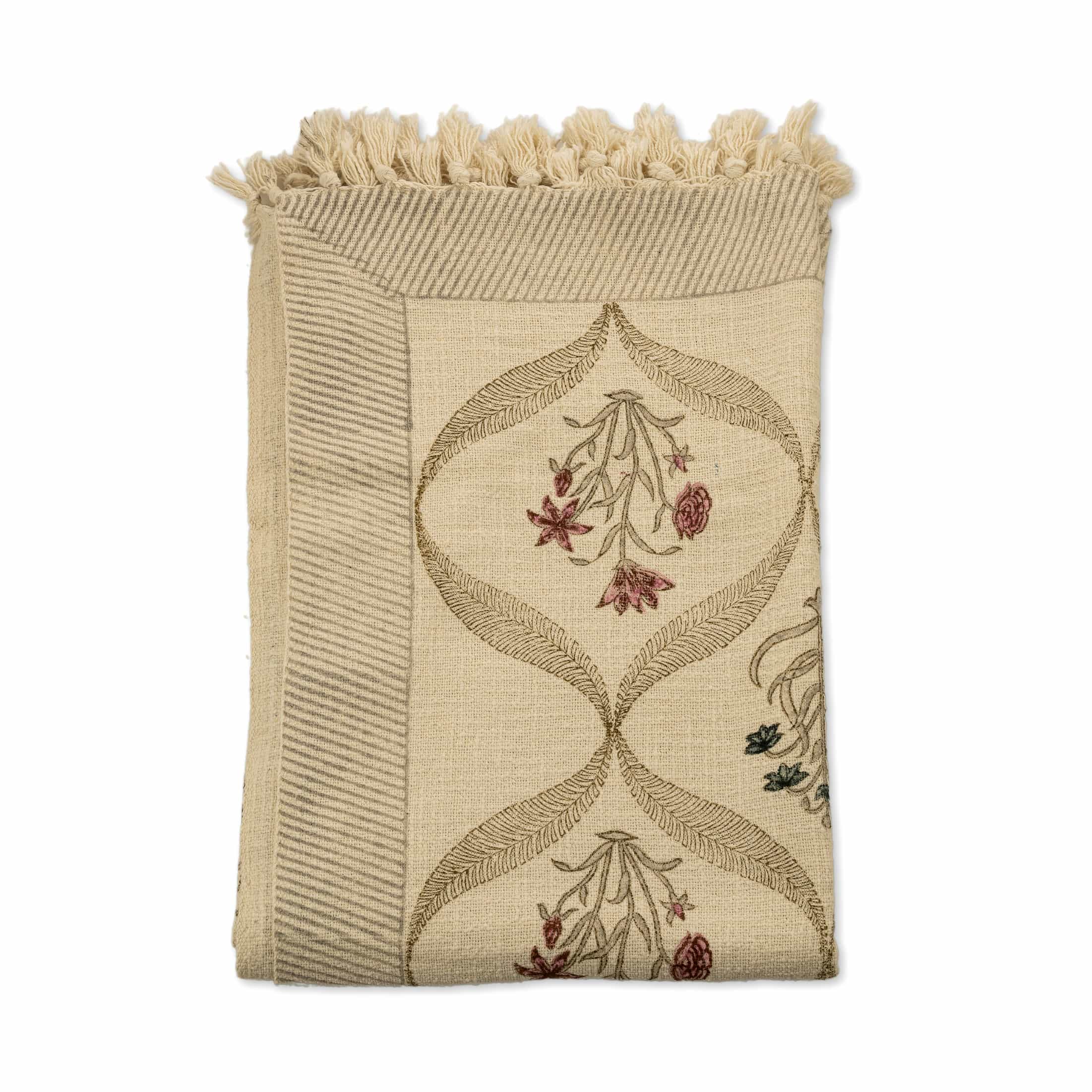 Printed botanical lattice textile coverlet with dual floral motifs