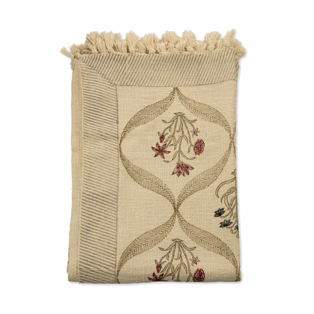 Printed botanical lattice textile coverlet with dual floral motifs