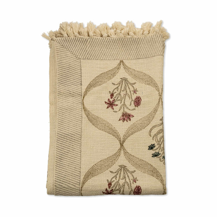Printed botanical lattice textile coverlet with dual floral motifs