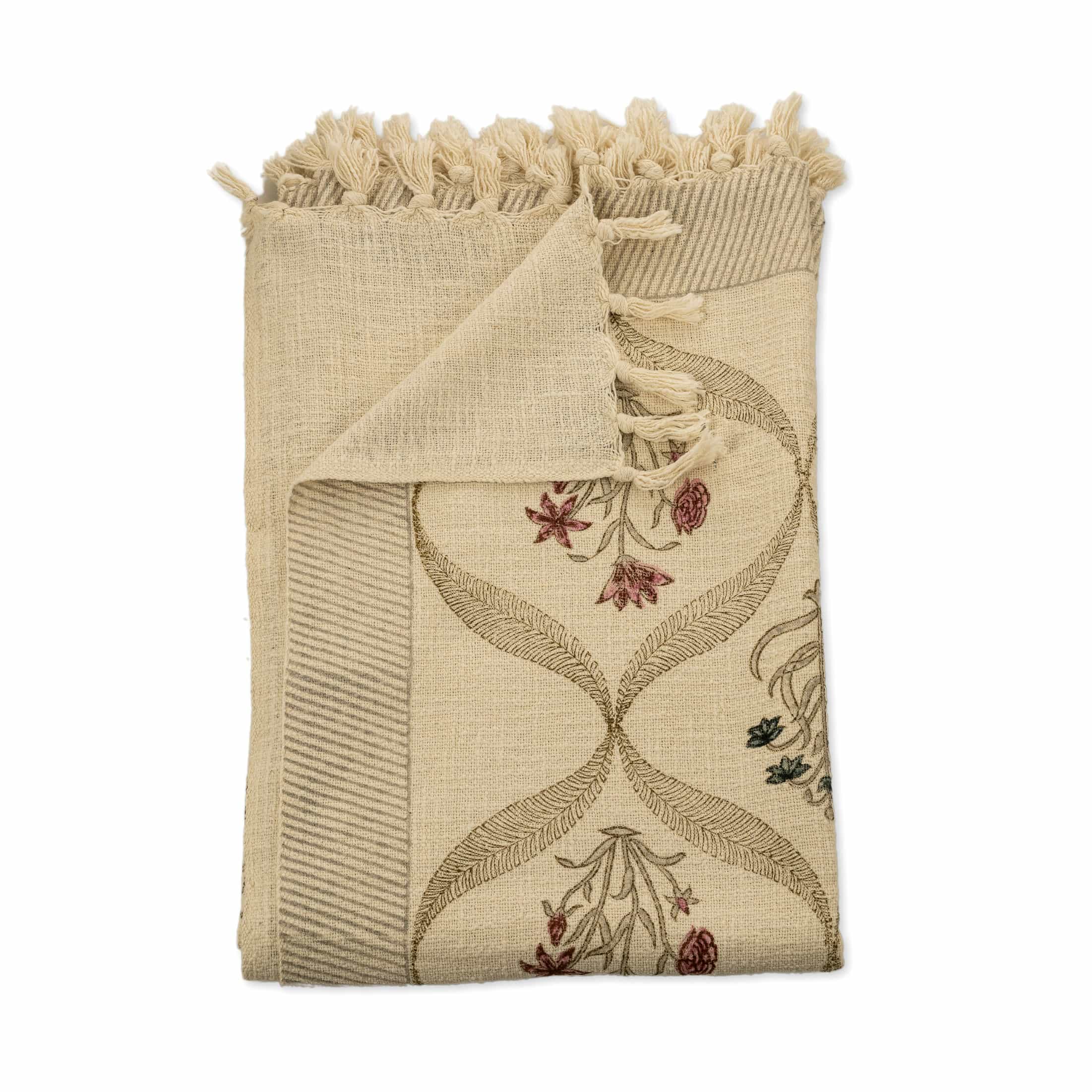 Printed botanical lattice textile coverlet with dual floral motifs