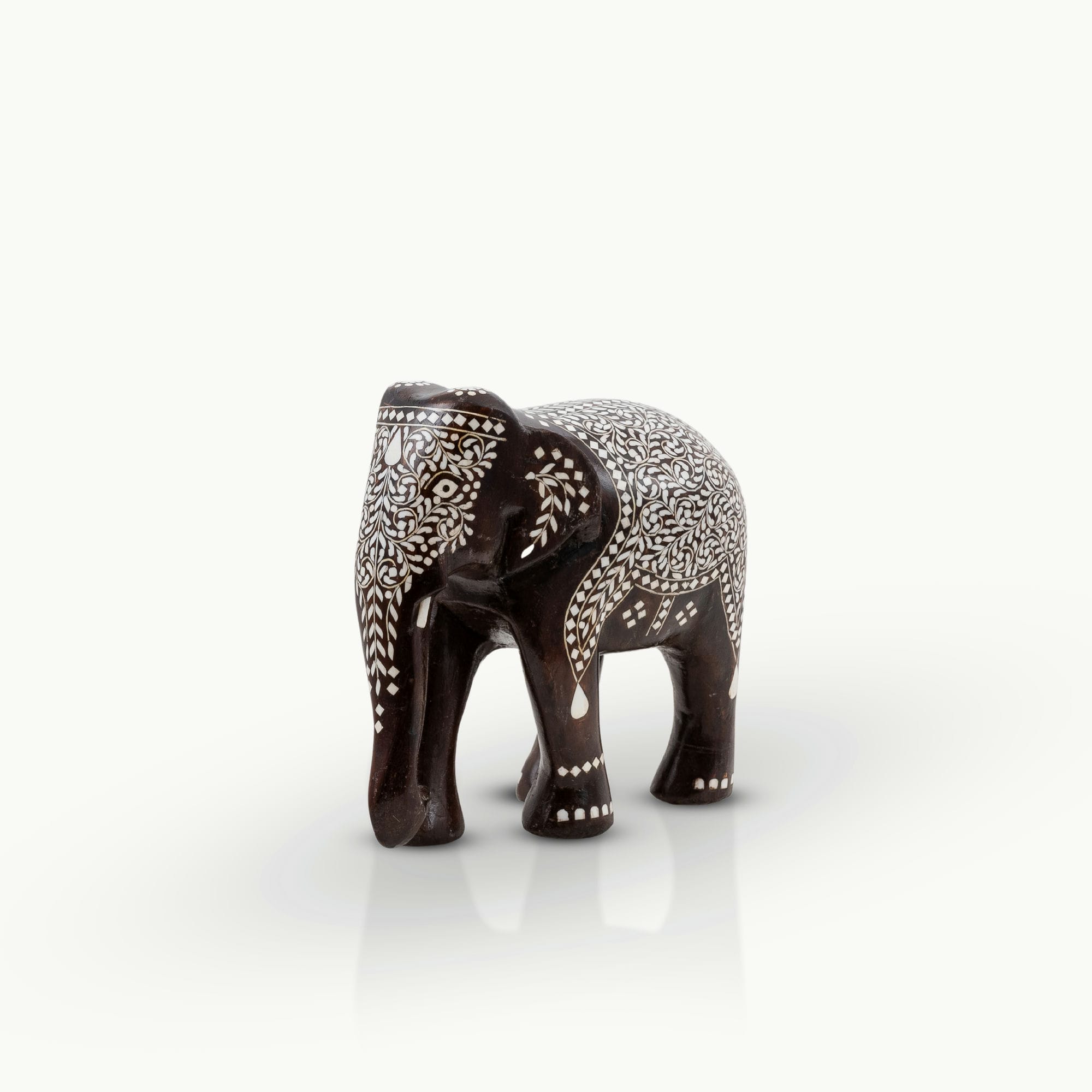 Dark Wood & Bone/Resin Inlay Elephant with Ceremonial Blanket Pattern
