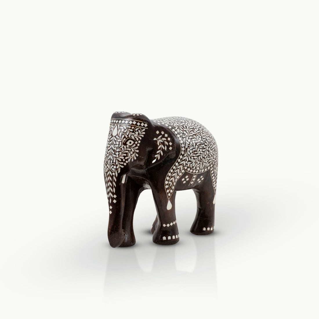 Dark Wood & Bone/Resin Inlay Elephant with Ceremonial Blanket Pattern