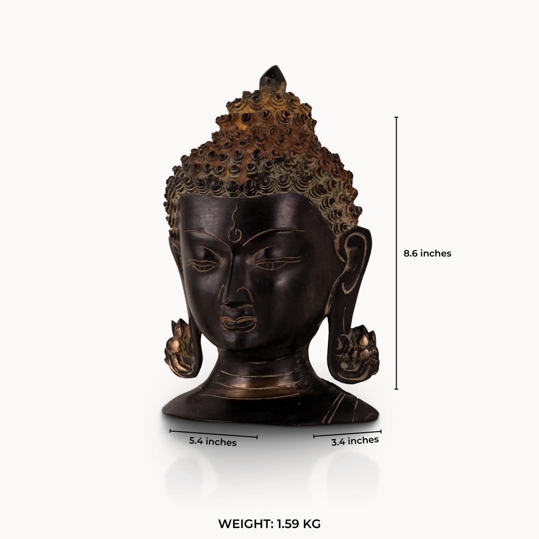Dark Oxidized Brass Buddha Head featuring a rusted ushnisha for a minimalist console.