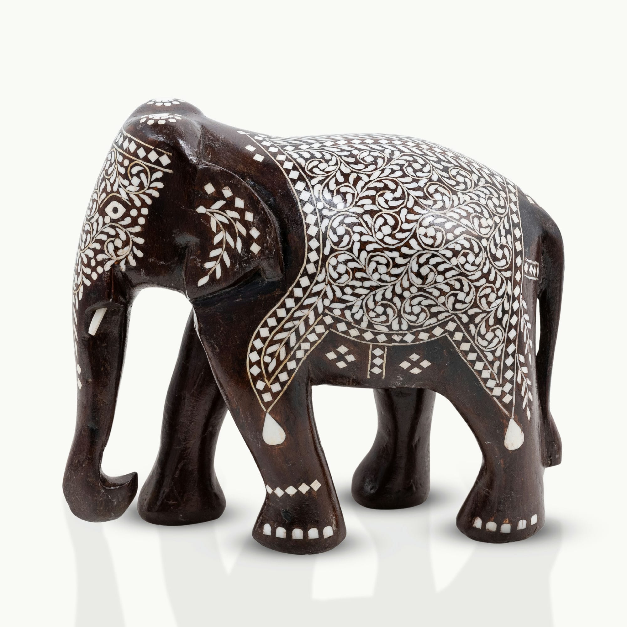 Dark Wood & Bone/Resin Inlay Elephant with Ceremonial Blanket Pattern