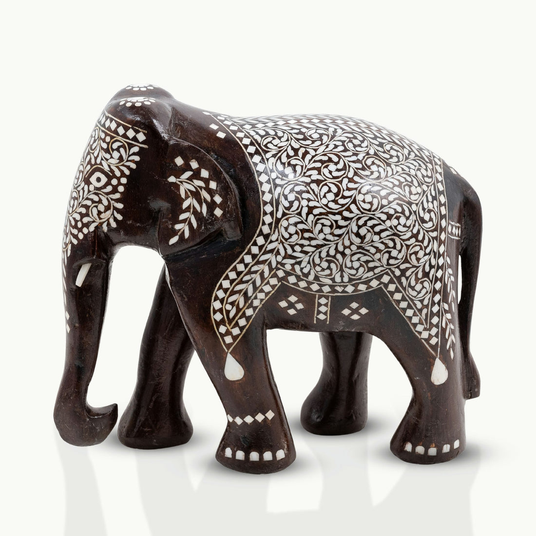 Dark Wood & Bone/Resin Inlay Elephant with Ceremonial Blanket Pattern