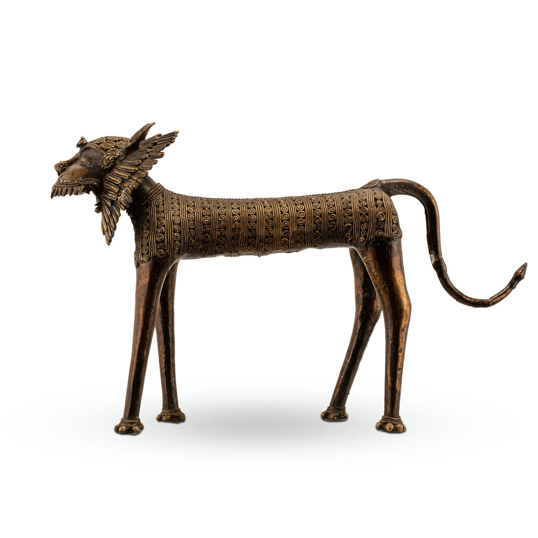 Dhokra style bronze feline featuring a wire-like mane and tribal geometry for a wide mantelpiece or rustic home styling.