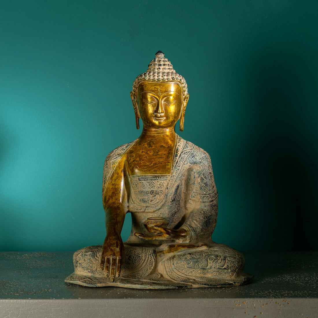 Patterned Brass Bhumisparsha Buddha Statue: The Floral Witness