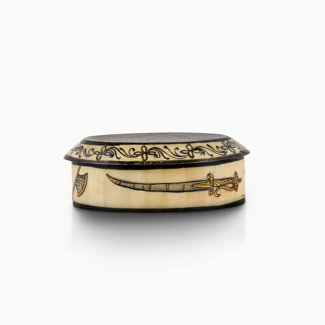 Elephant painted camel bone box featuring a royal rider and curved sword motifs.