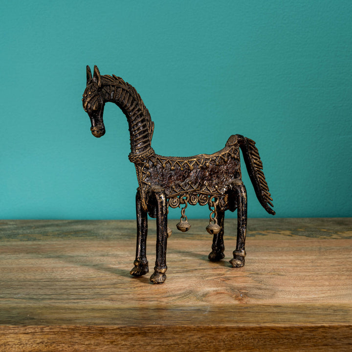 Tall Dhokra Brass Horse Sculpture: The Woven Steed