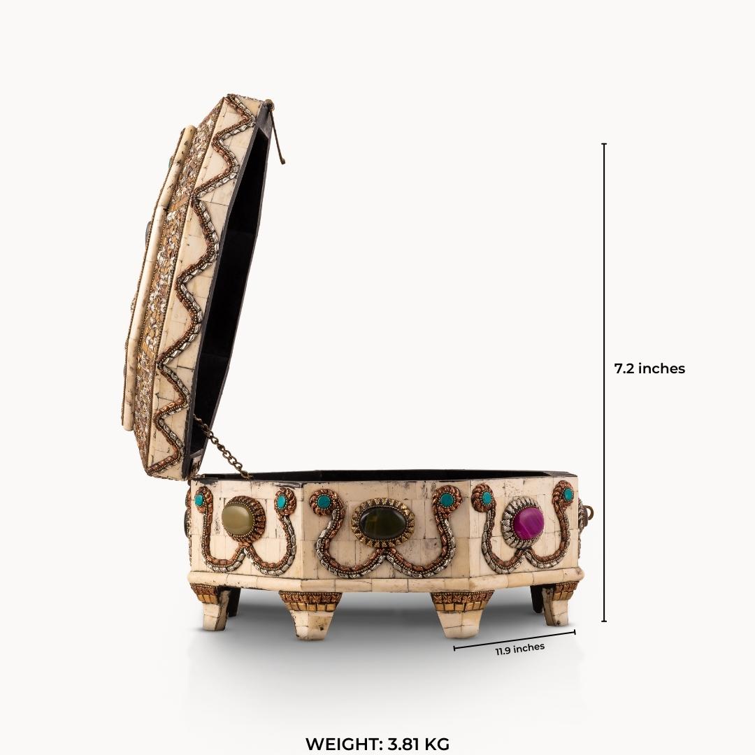 Large Wire Inlay Bone Box adorned with heavy amethyst stones for a mirrored dressing table.