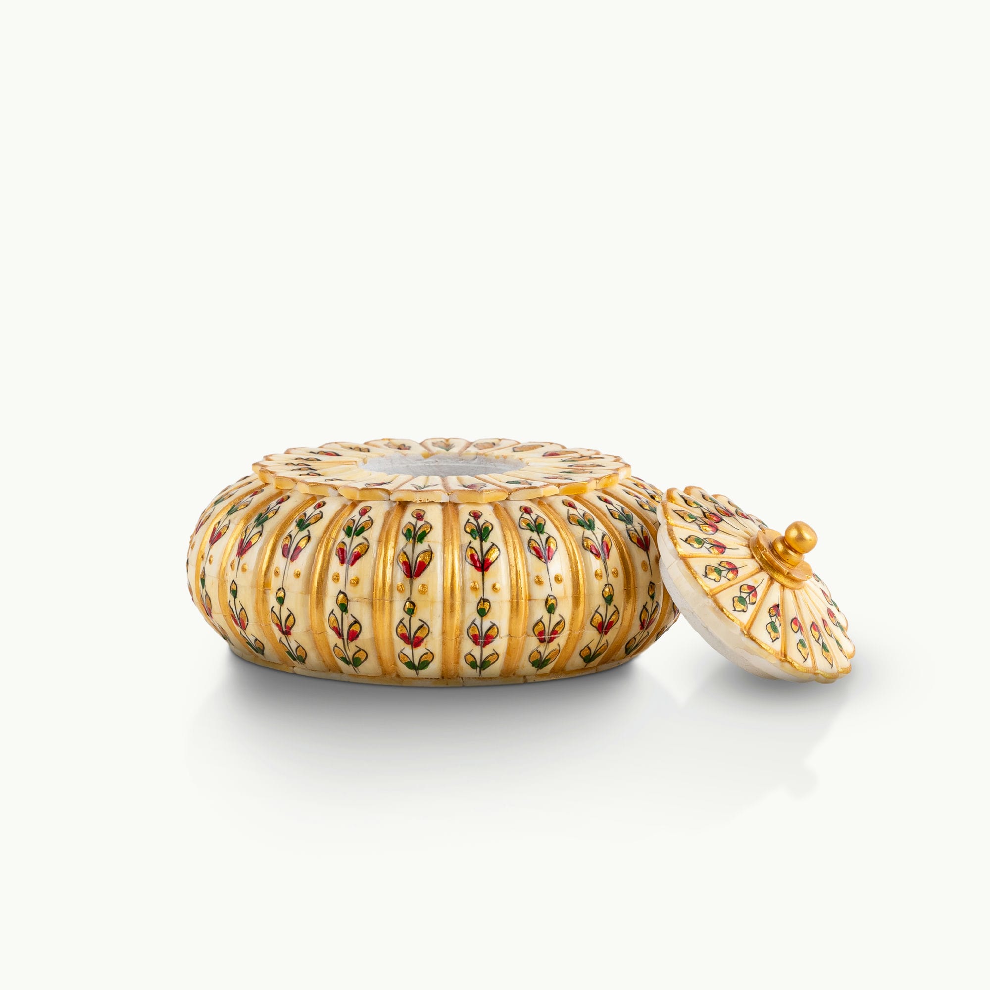 Fluted painted camel bone box featuring ribbed construction and miniature botanical motifs.
