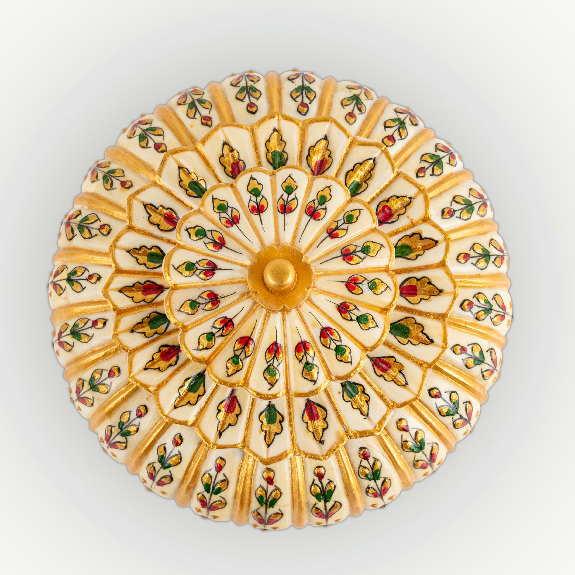 Fluted painted camel bone box featuring ribbed construction and miniature botanical motifs.