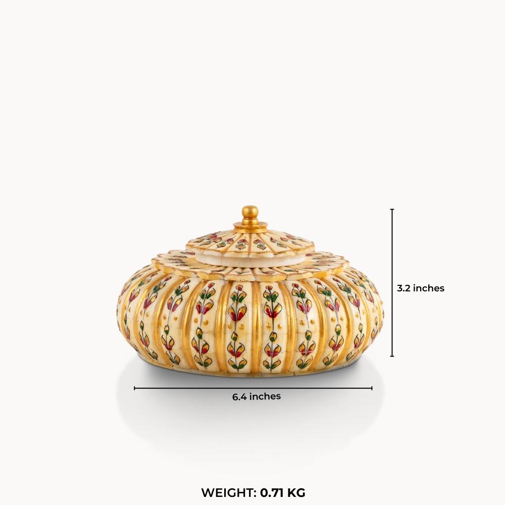 Fluted painted camel bone box featuring ribbed construction and miniature botanical motifs.