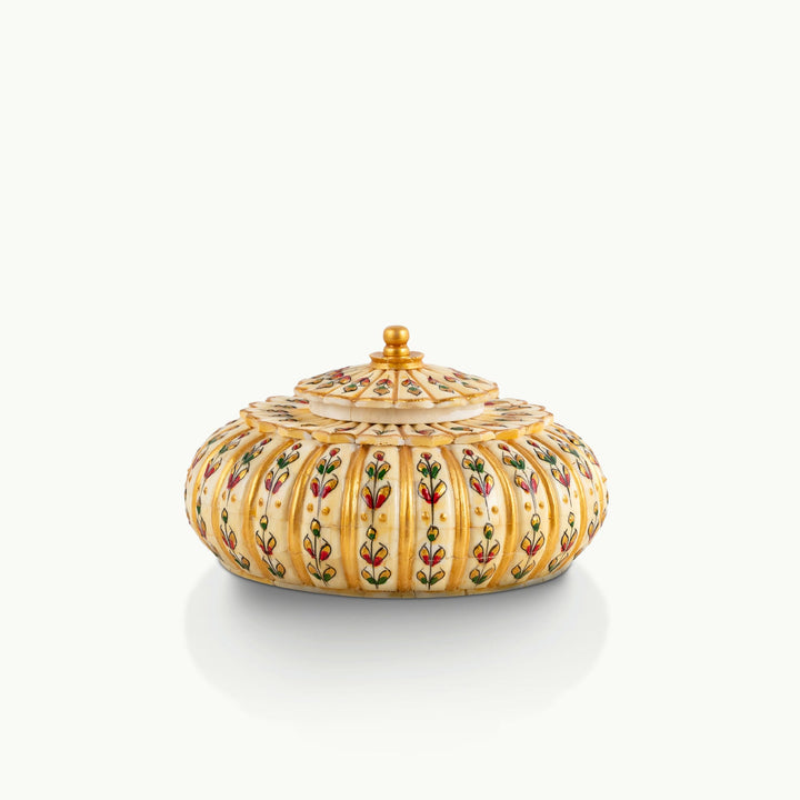 Fluted painted camel bone box featuring ribbed construction and miniature botanical motifs.